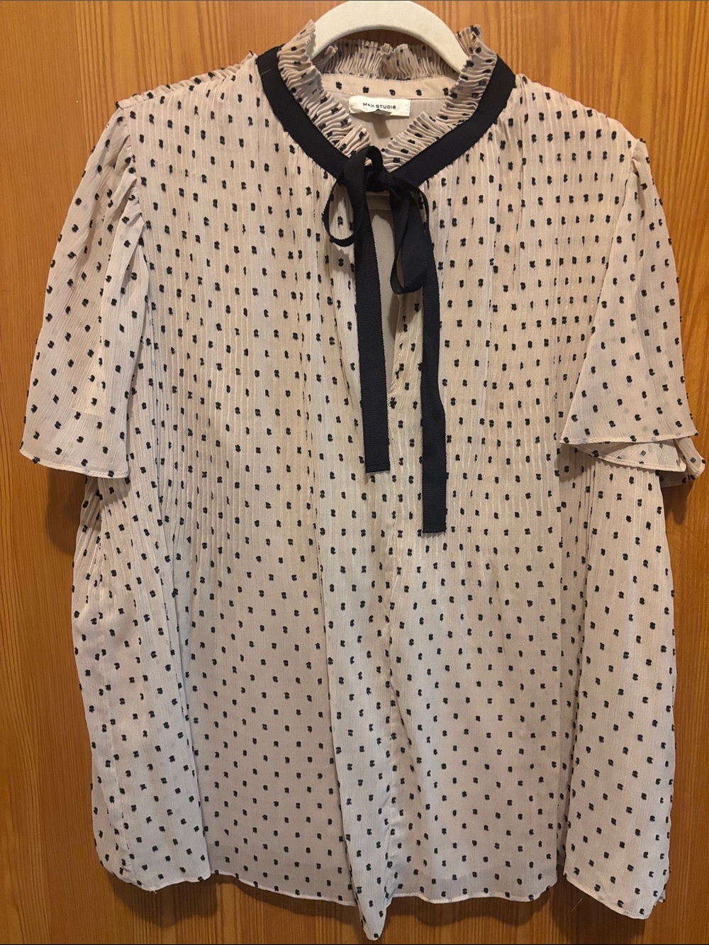 Max Studio Cream Blouse with Black Polka Dots and Tie Neck 1X